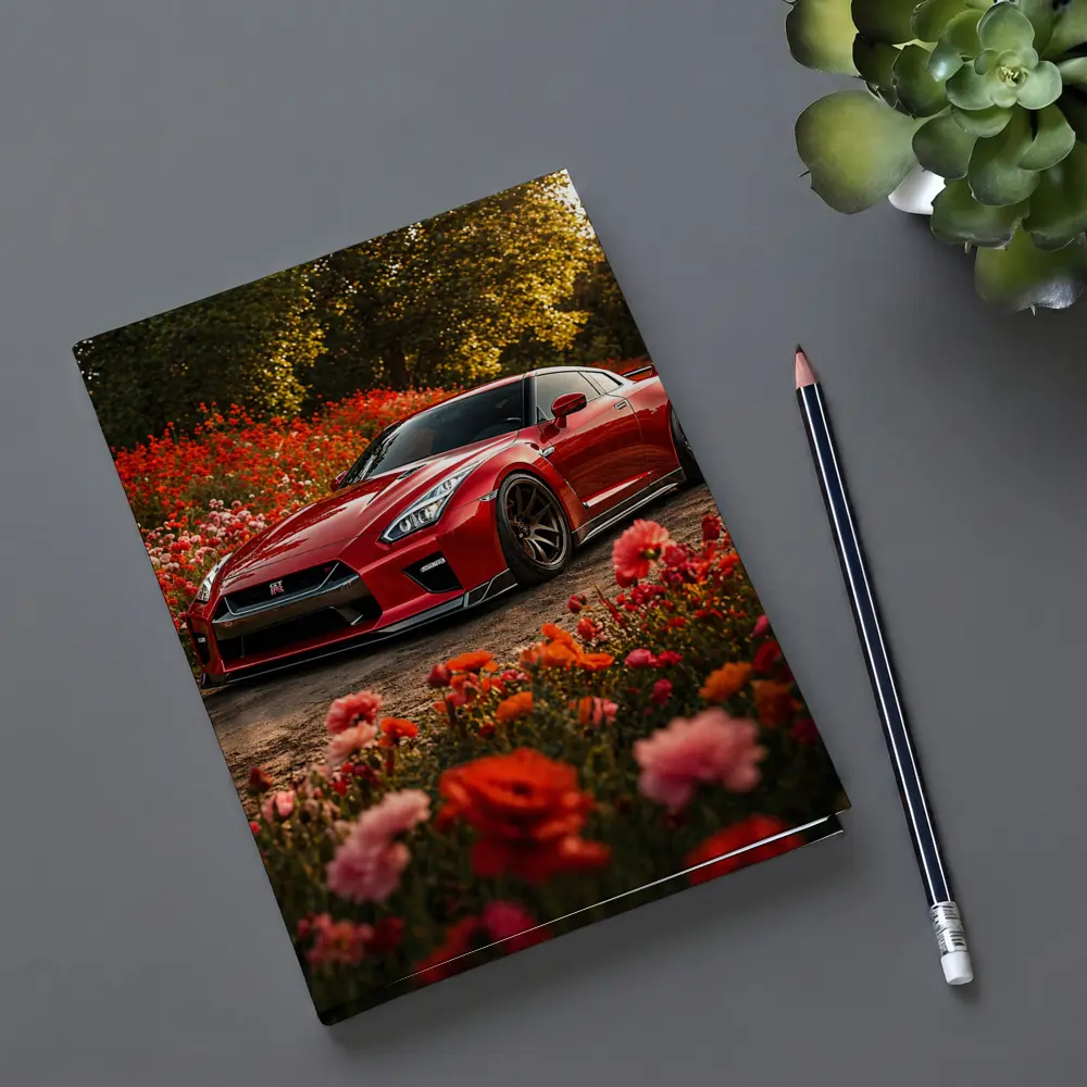 Red Nissan GT-R Surrounded by Blooming Flowers – Notebooks