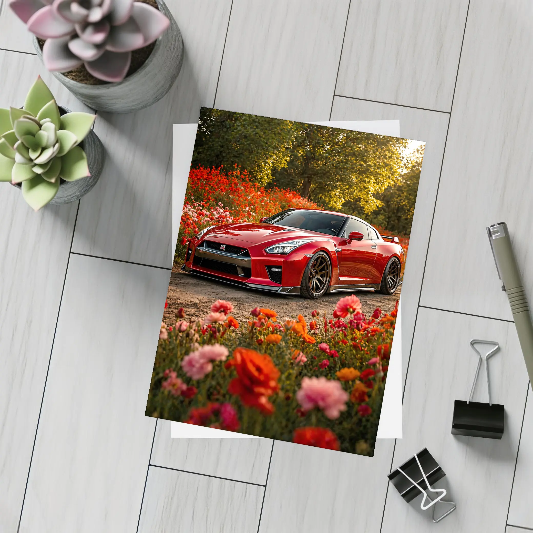 Red Nissan GT-R Surrounded by Blooming Flowers – Postcards
