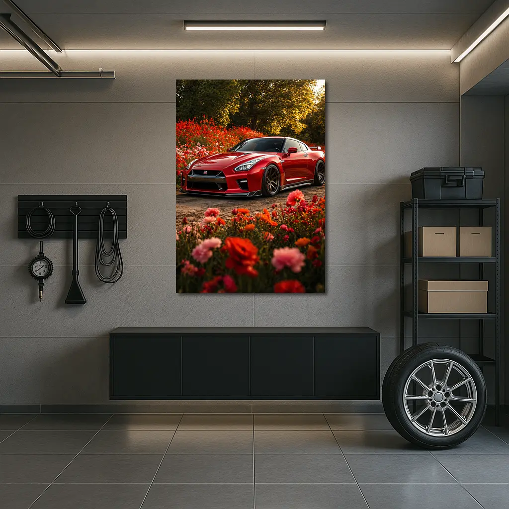 Red Nissan GT-R Surrounded by Blooming Flowers – Wall Art
