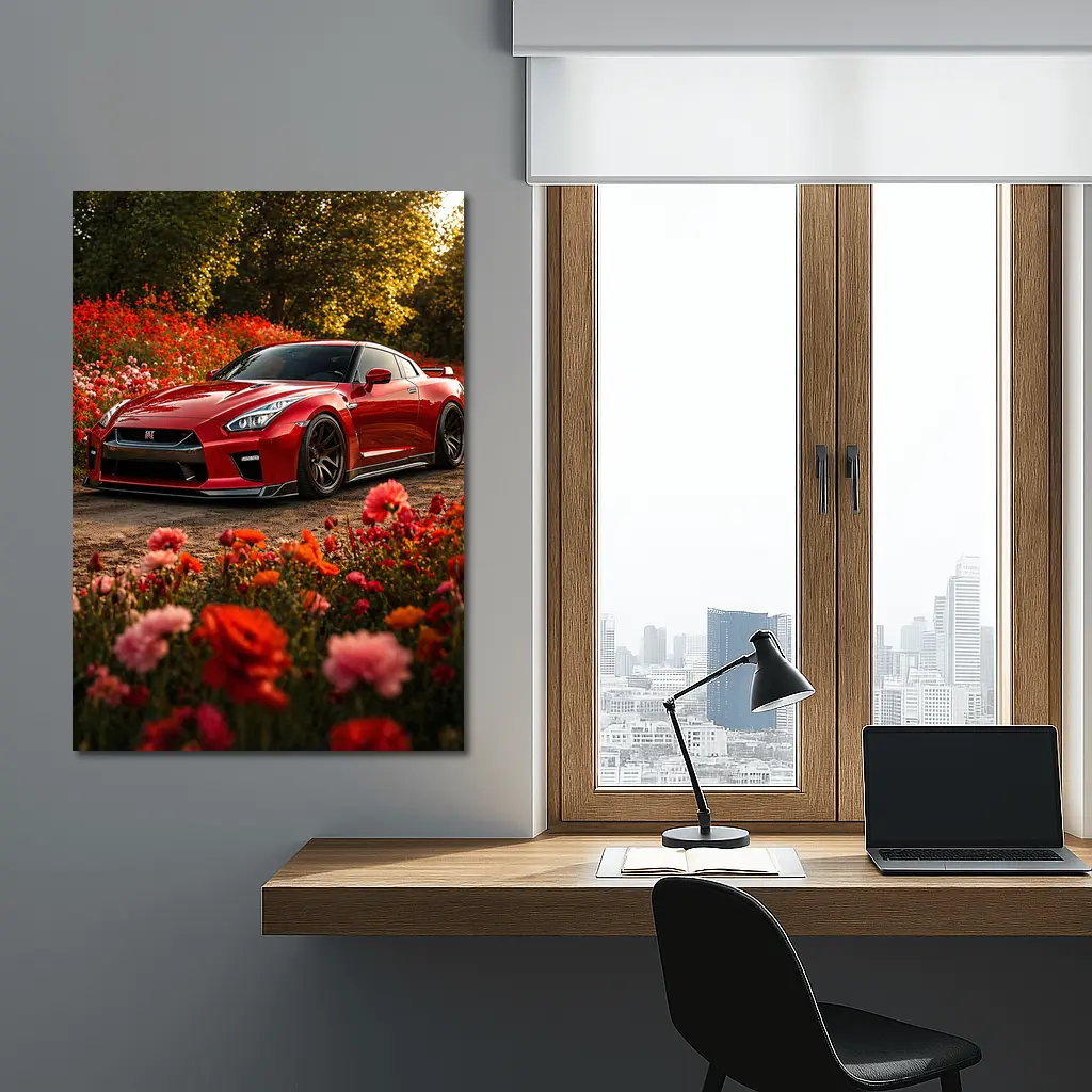 Red Nissan GT-R Surrounded by Blooming Flowers – Wall Art