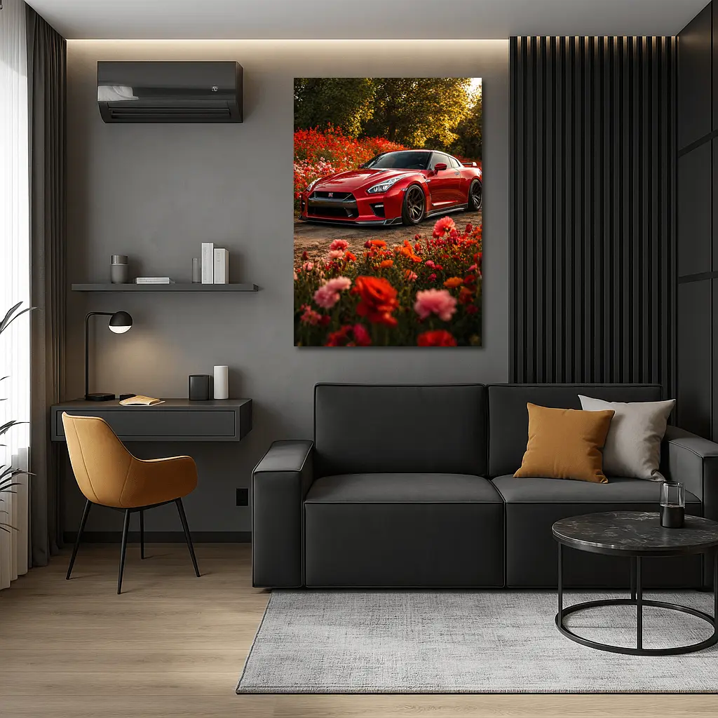 Red Nissan GT-R Surrounded by Blooming Flowers – Wall Art