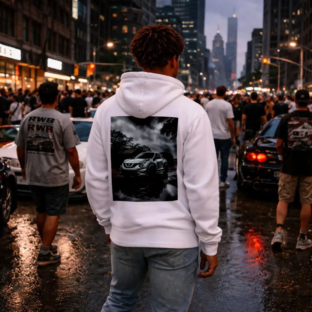 Nissan Juke Nismo Silver Rainy Rural Setting – Hoodies