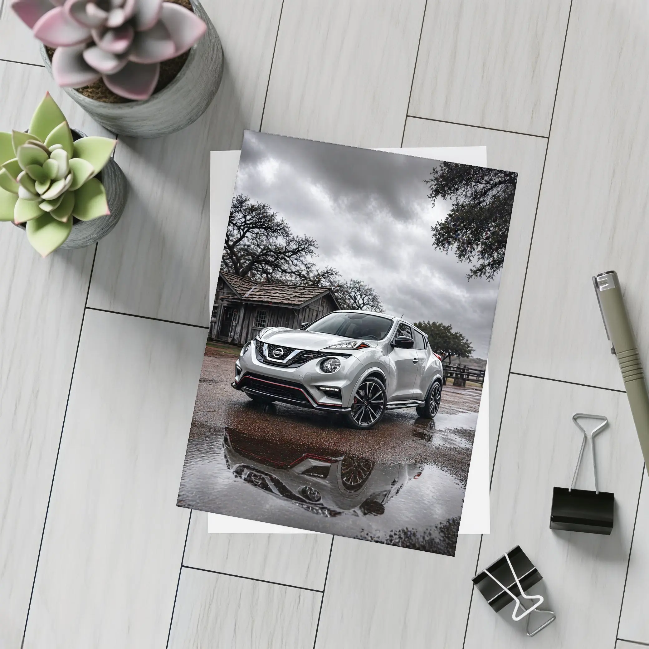 Nissan Juke Nismo Silver Rainy Rural Setting – Postcards