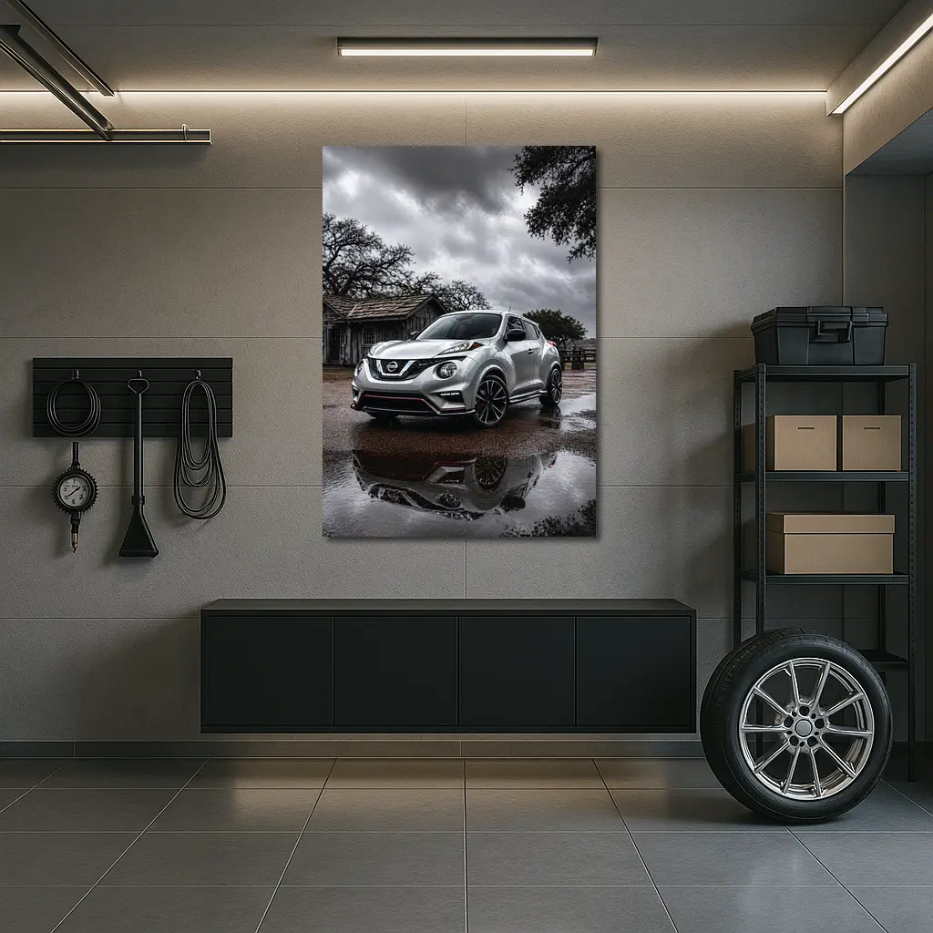Nissan Juke Nismo Silver Rainy Rural Setting – Wall Art
