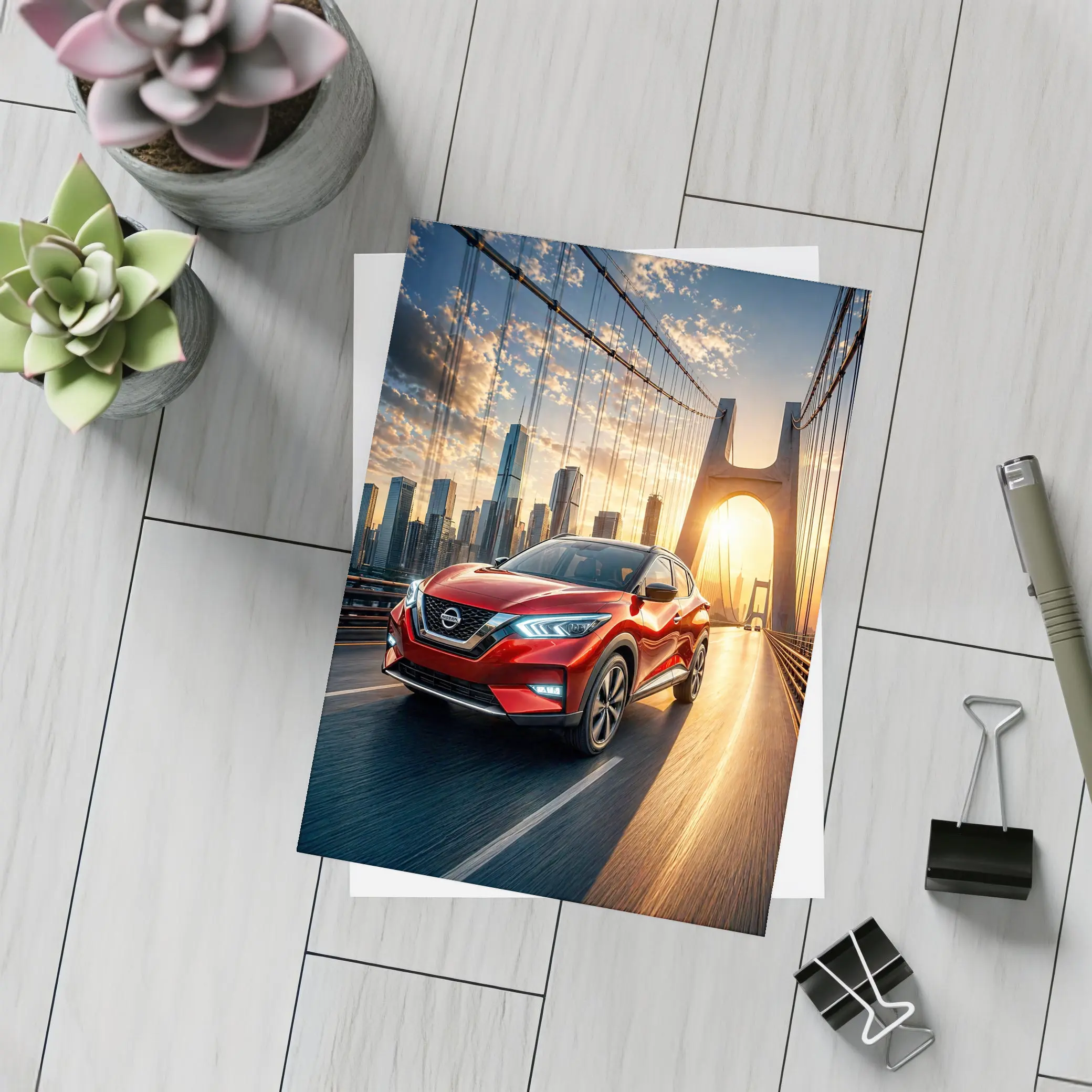 Nissan Kicks Red SUV Bridge City Sunset – Postcards