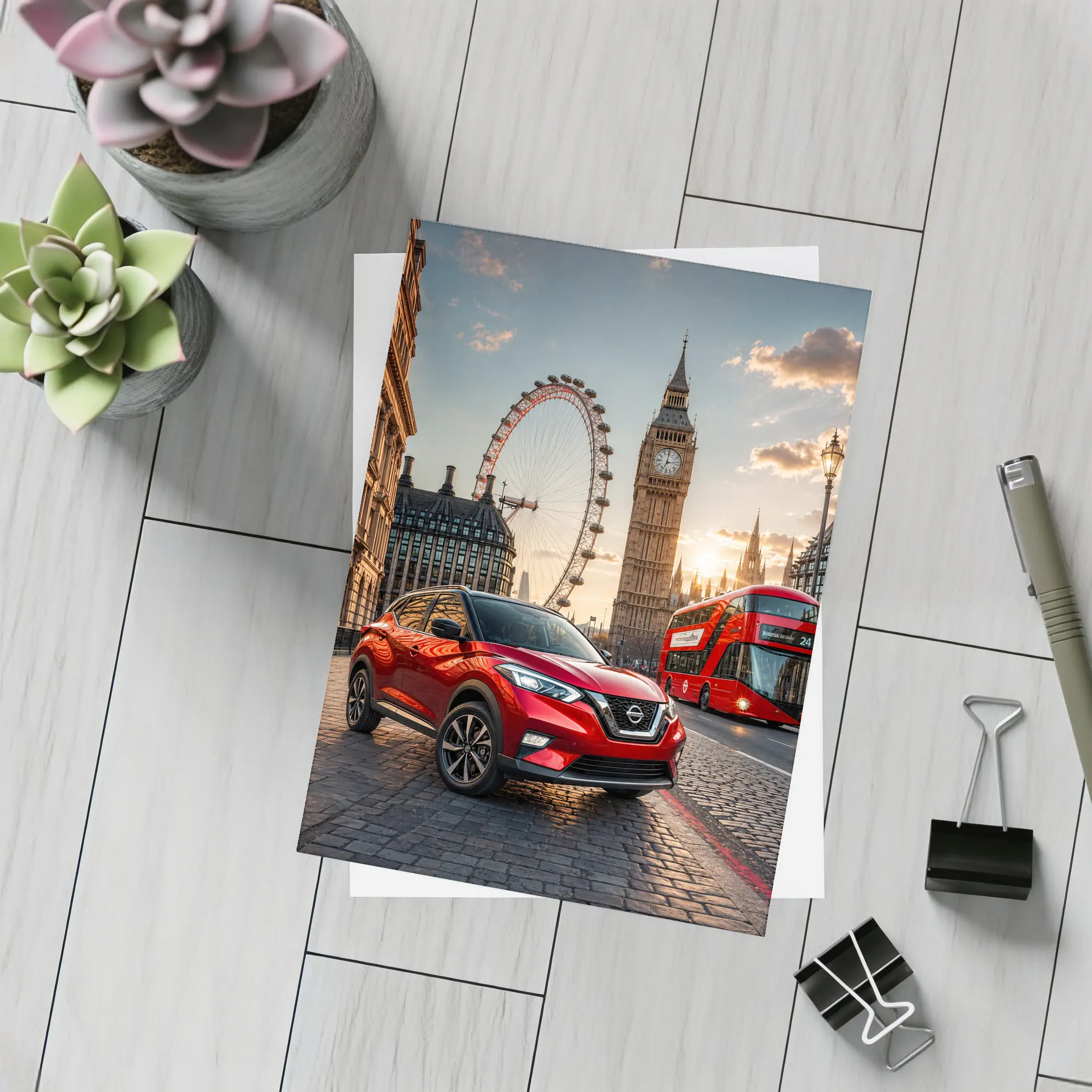 Nissan Kicks Red SUV London Sunset – Postcards
