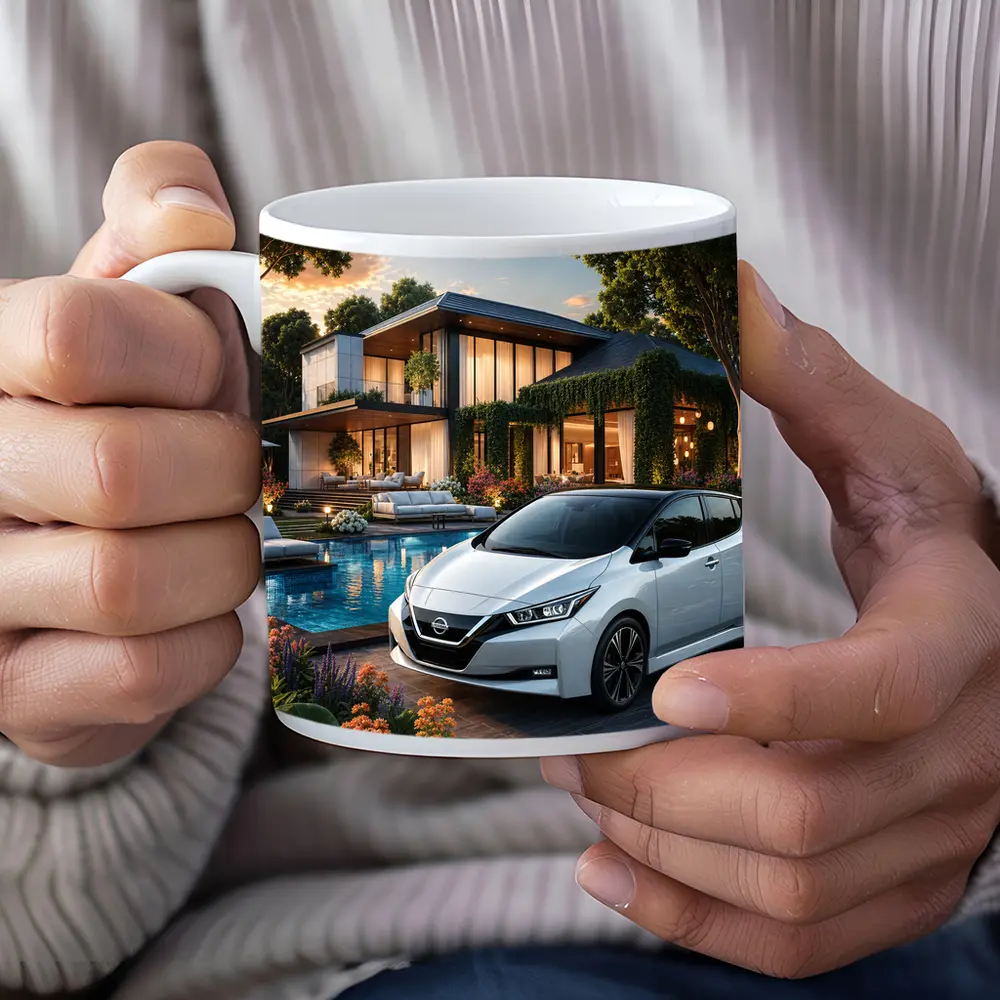 Nissan Leaf Parked Outside Luxury Modern Home – Mugs
