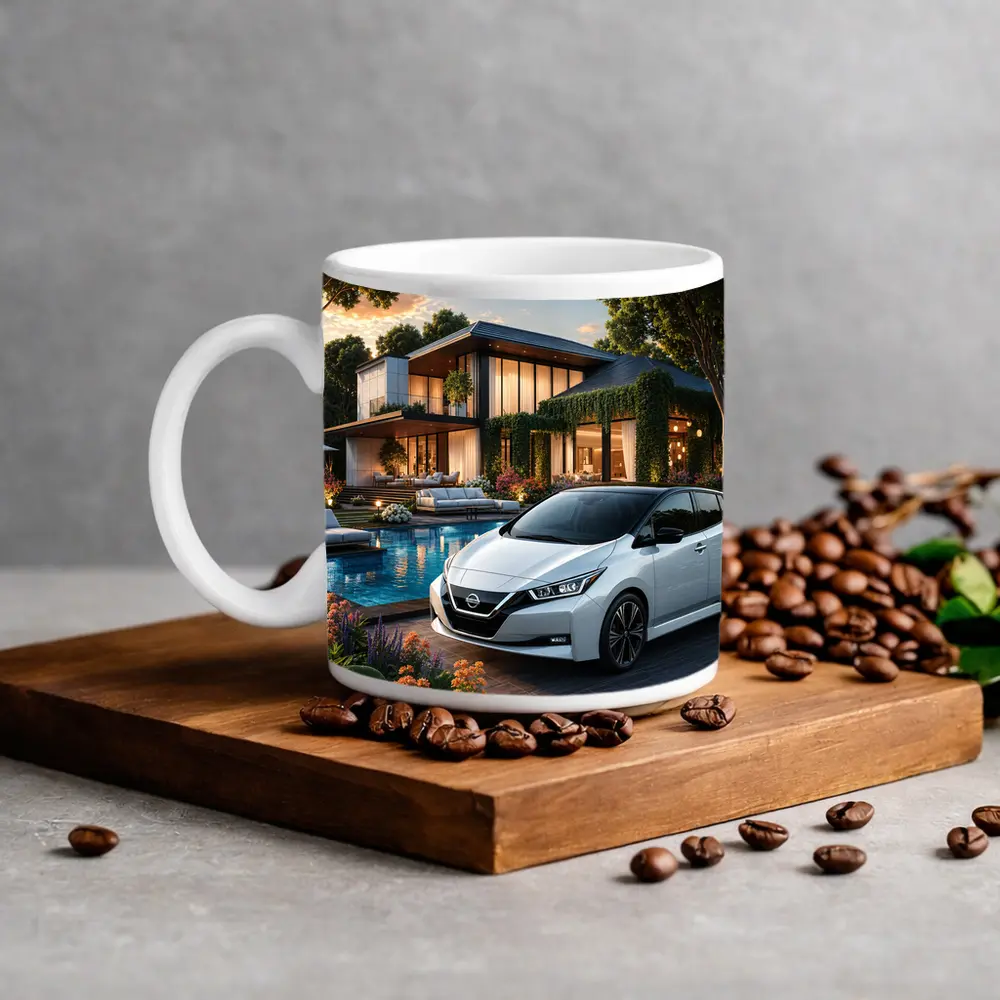 Nissan Leaf Parked Outside Luxury Modern Home – Mugs