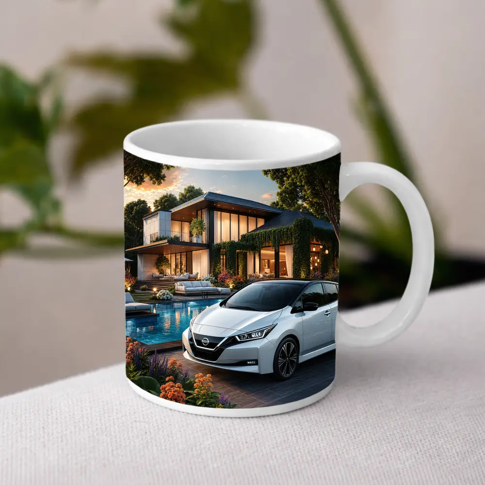 Nissan Leaf Parked Outside Luxury Modern Home – Mugs