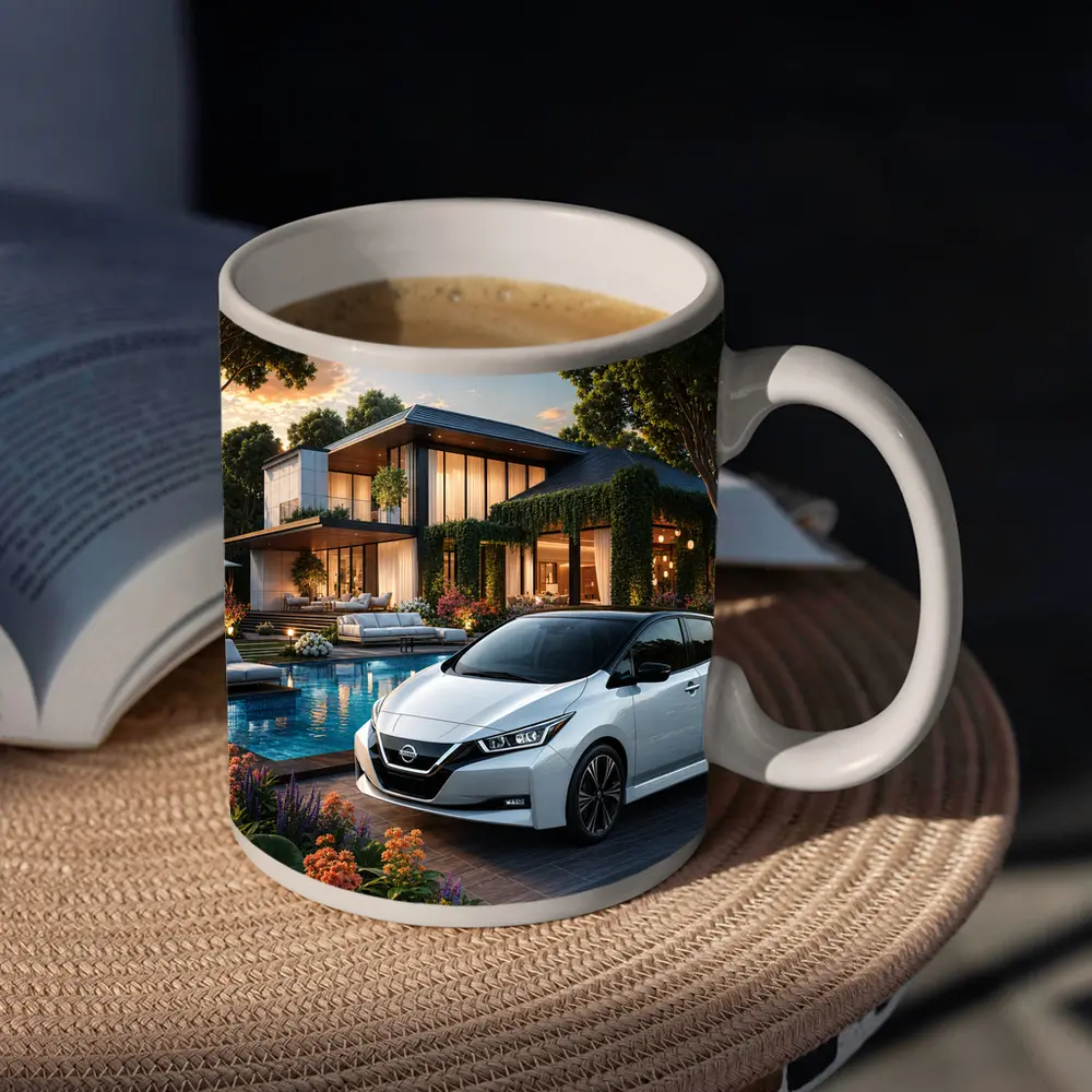 Nissan Leaf Parked Outside Luxury Modern Home – Mugs
