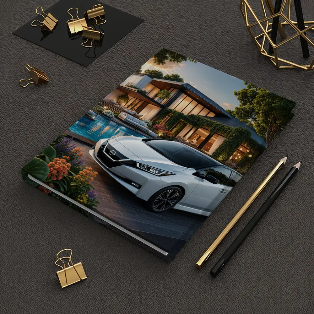 Nissan Leaf Parked Outside Luxury Modern Home – Notebooks