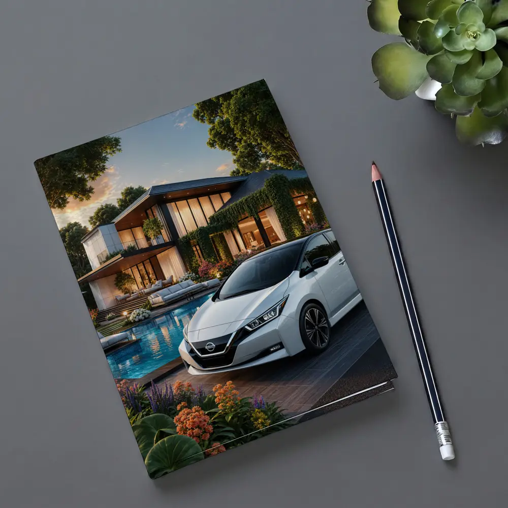 Nissan Leaf Parked Outside Luxury Modern Home – Notebooks