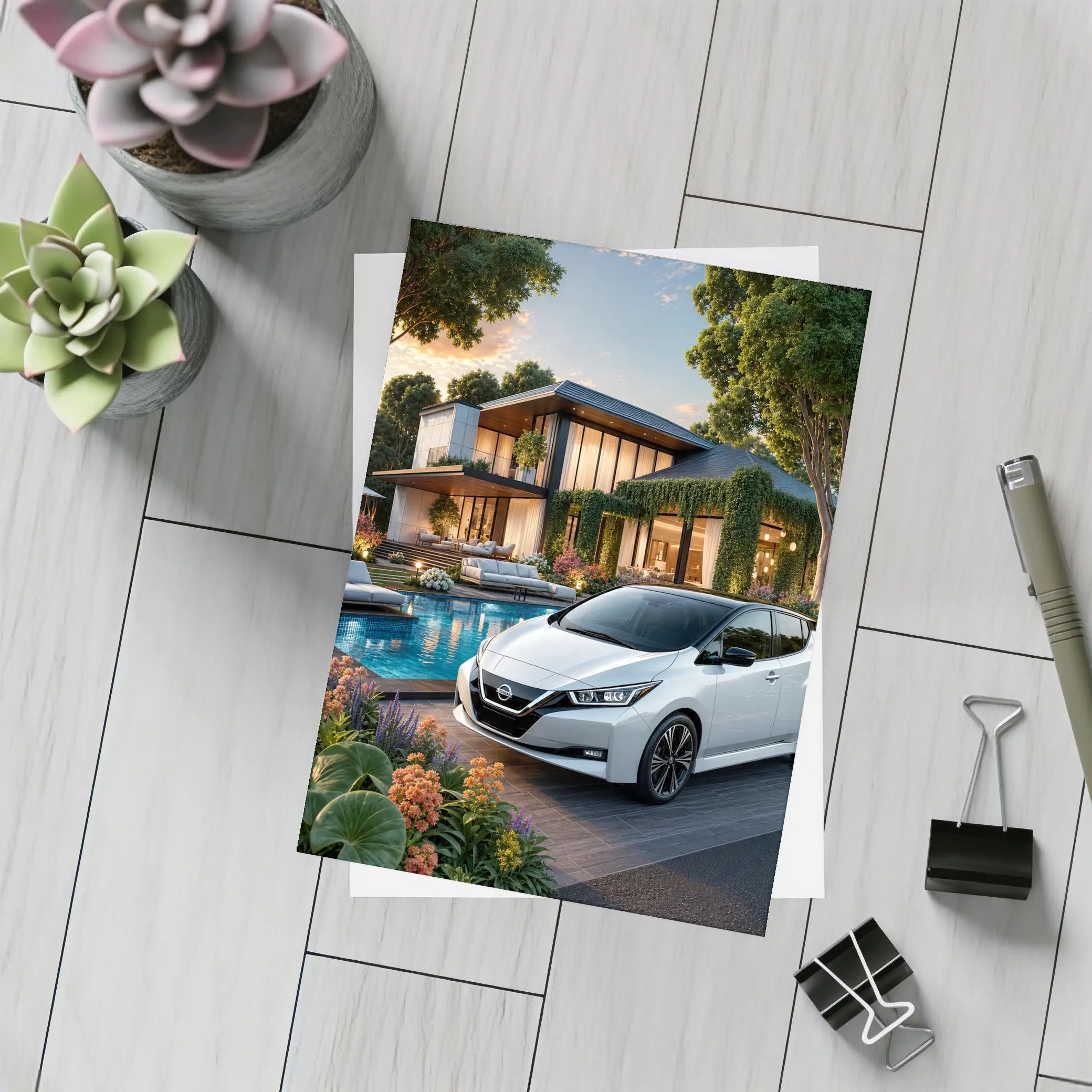 Nissan Leaf Parked Outside Luxury Modern Home – Postcards