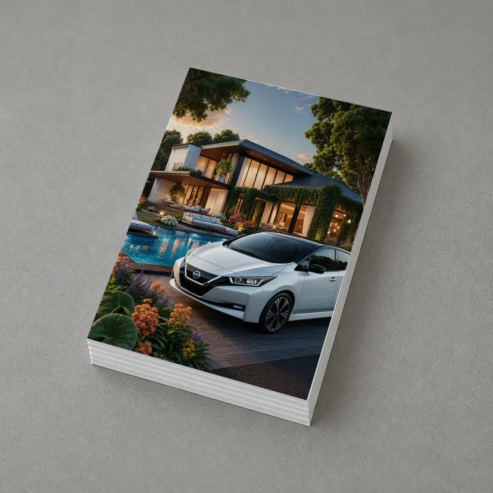 Nissan Leaf Parked Outside Luxury Modern Home – Postcards
