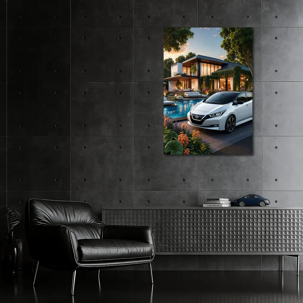 Nissan Leaf Parked Outside Luxury Modern Home – Wall Art