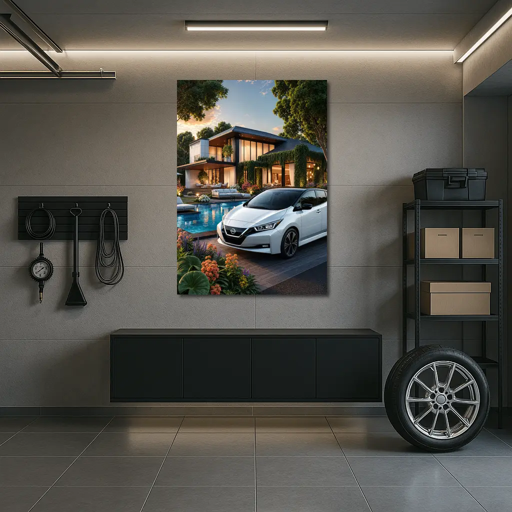 Nissan Leaf Parked Outside Luxury Modern Home – Wall Art