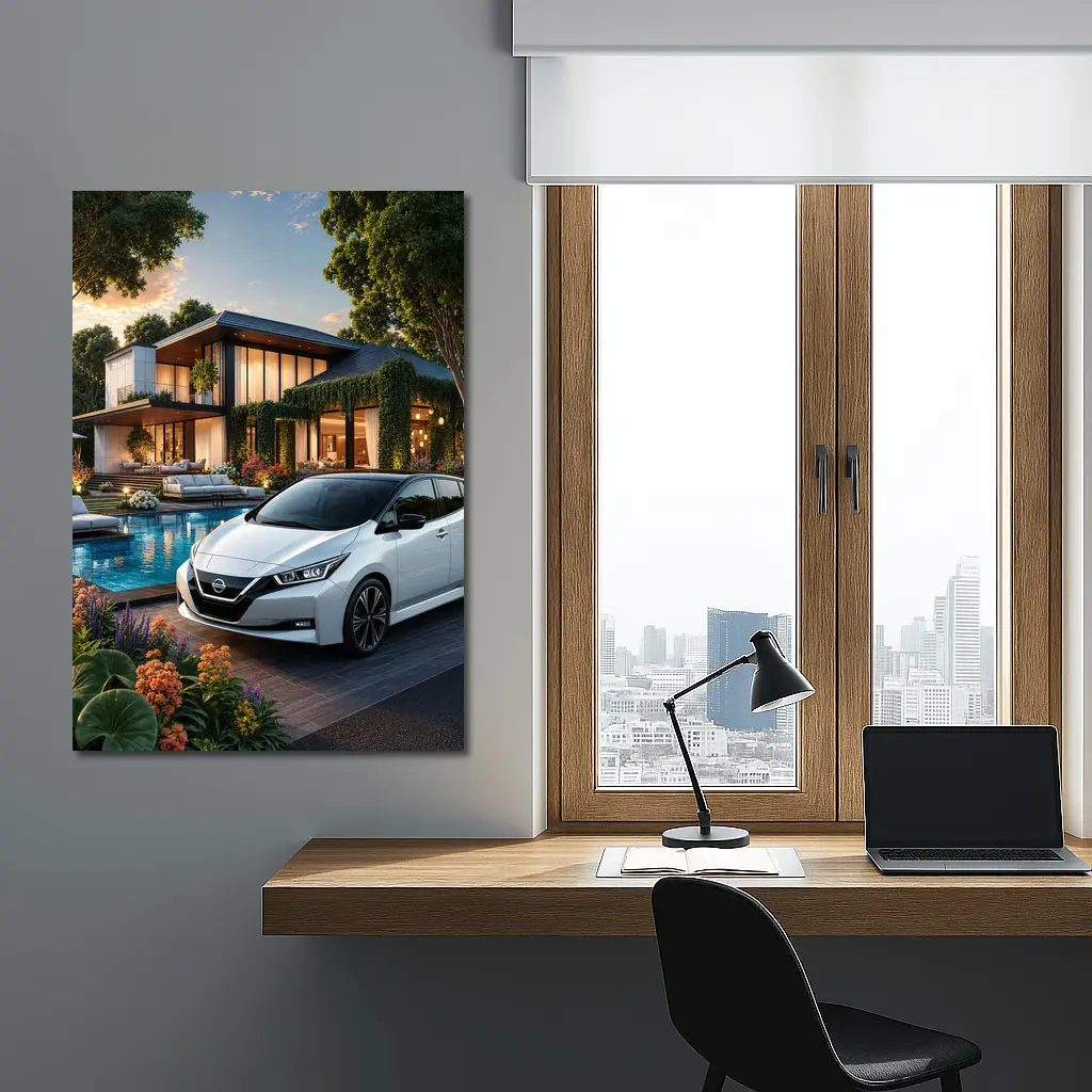 Nissan Leaf Parked Outside Luxury Modern Home – Wall Art