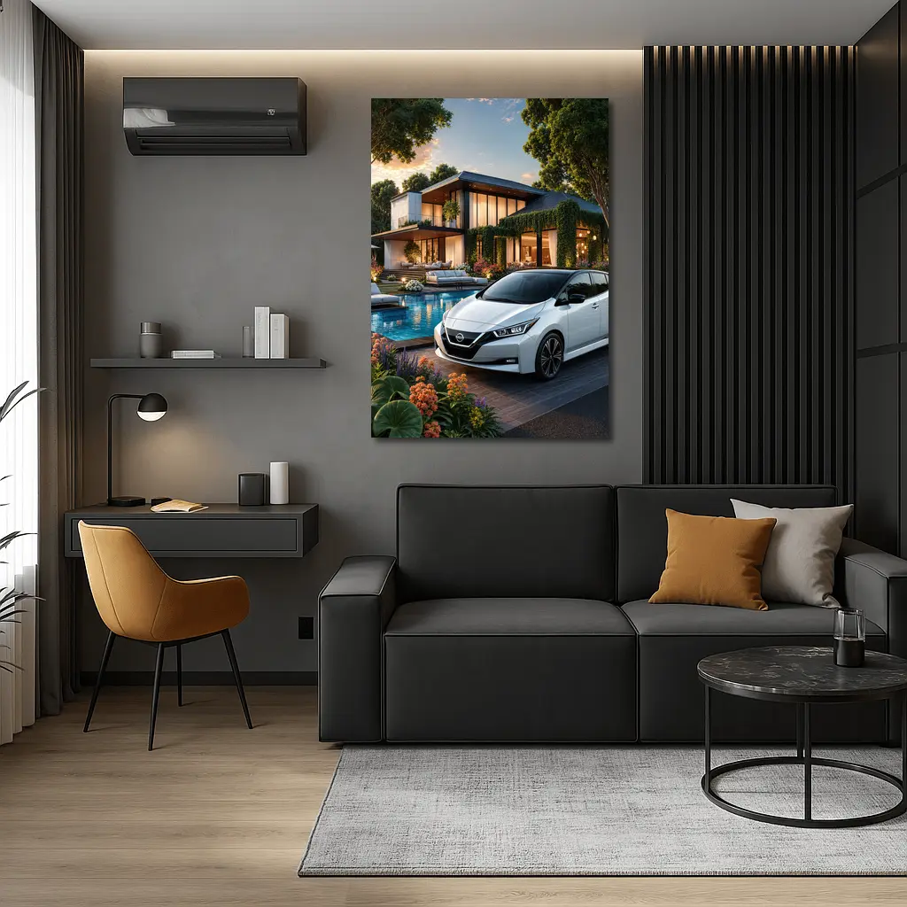 Nissan Leaf Parked Outside Luxury Modern Home – Wall Art