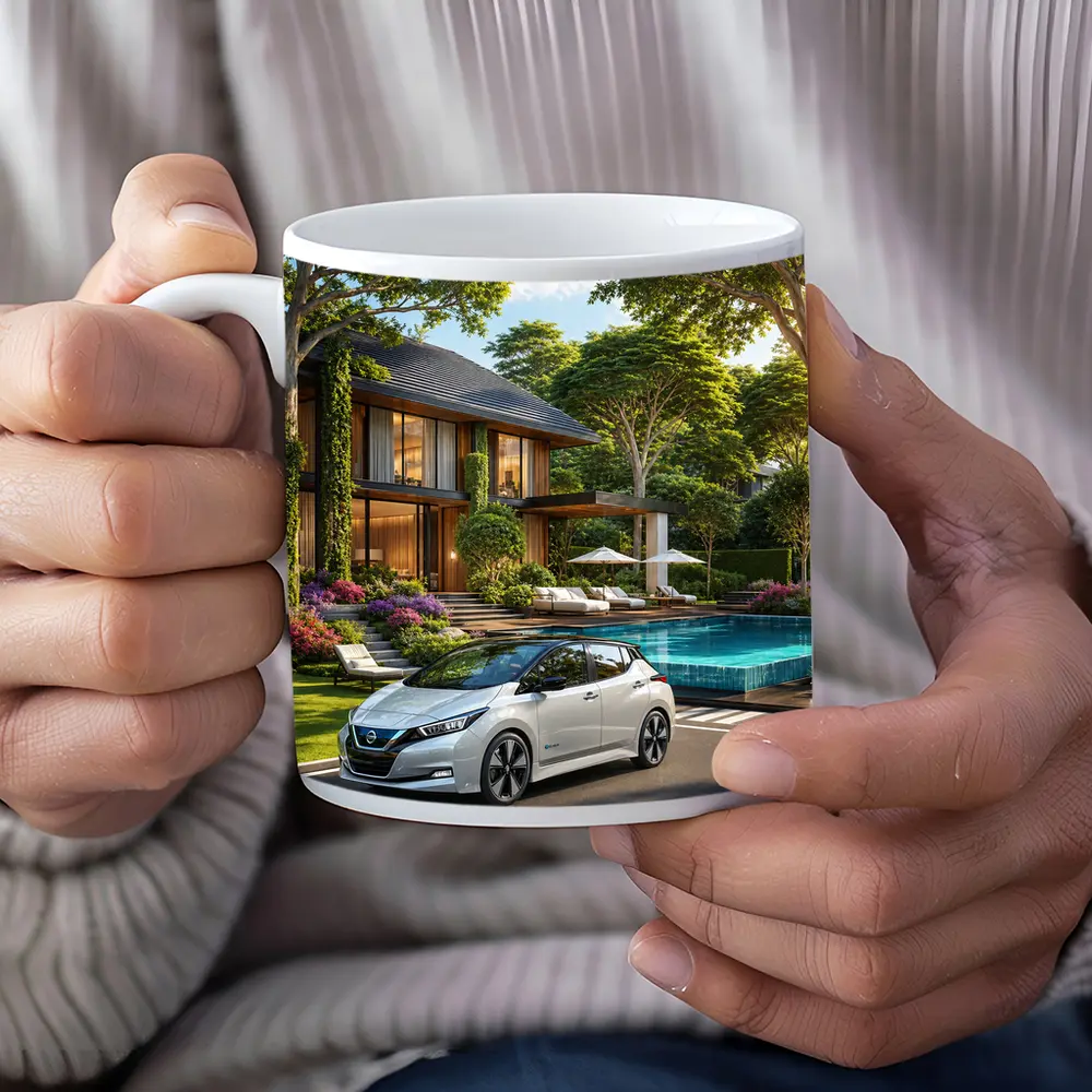Nissan Leaf White Car Luxury Villa Pool – Mugs