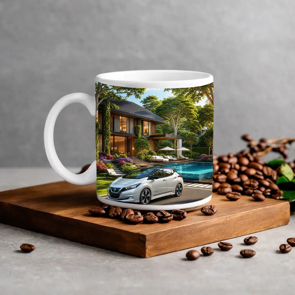 Nissan Leaf White Car Luxury Villa Pool – Mugs