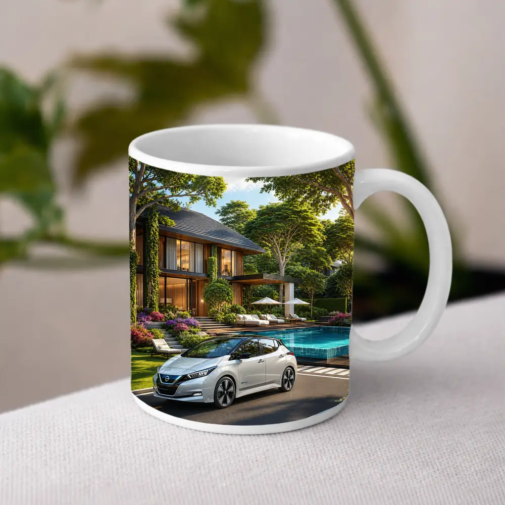 Nissan Leaf White Car Luxury Villa Pool – Mugs