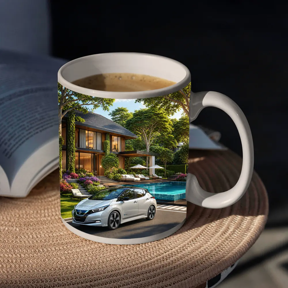 Nissan Leaf White Car Luxury Villa Pool – Mugs
