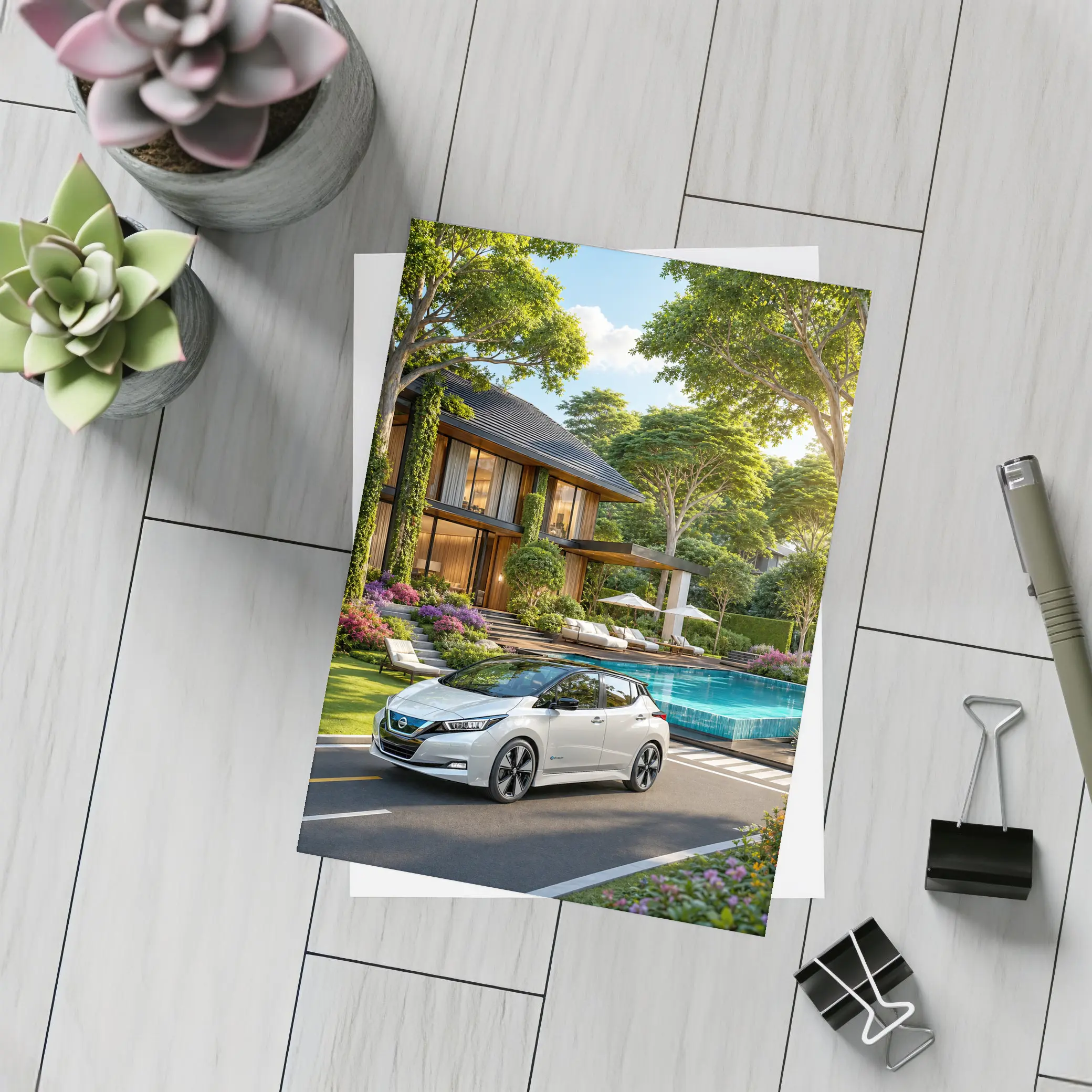 Nissan Leaf White Car Luxury Villa Pool – Postcards