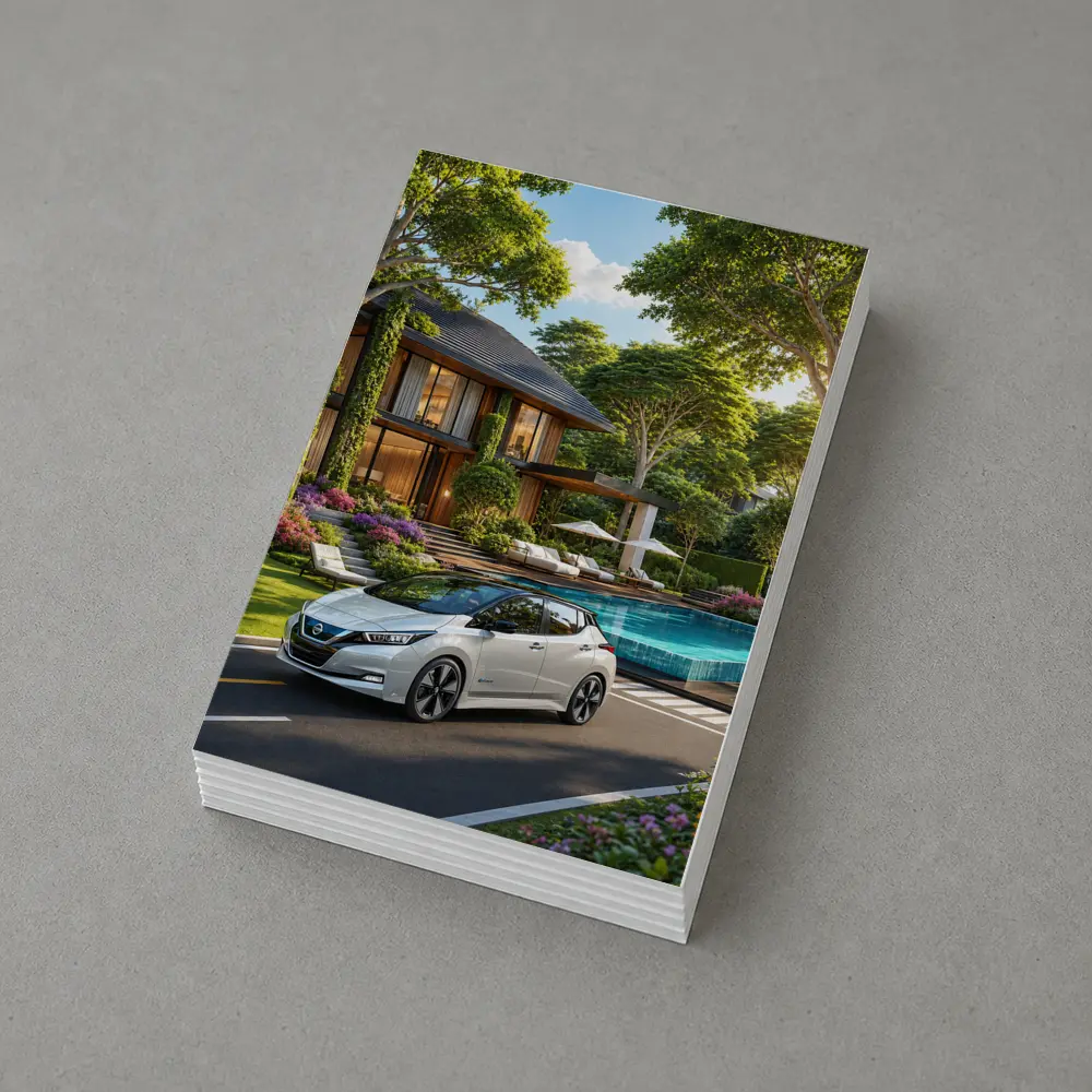 Nissan Leaf White Car Luxury Villa Pool – Postcards
