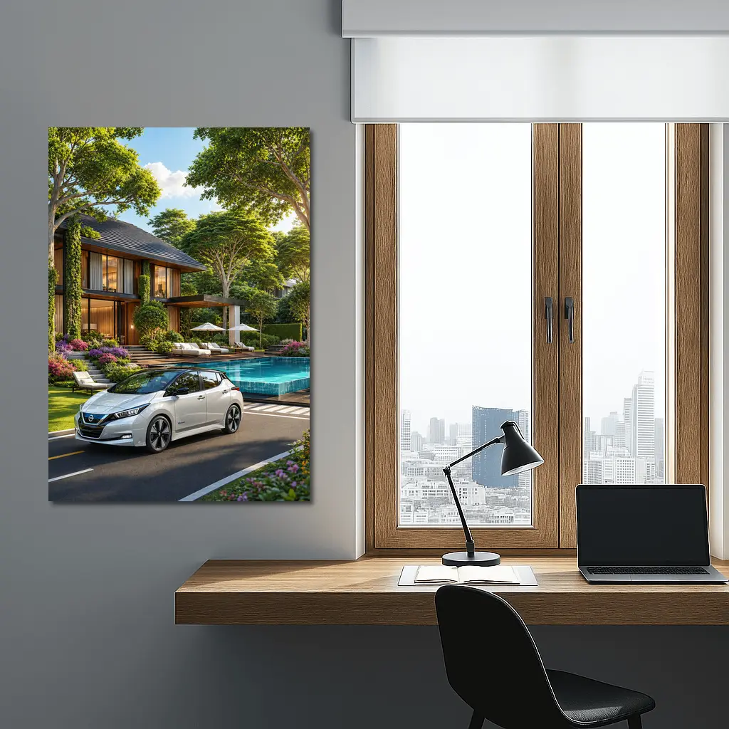 Nissan Leaf White Car Luxury Villa Pool – Wall Art