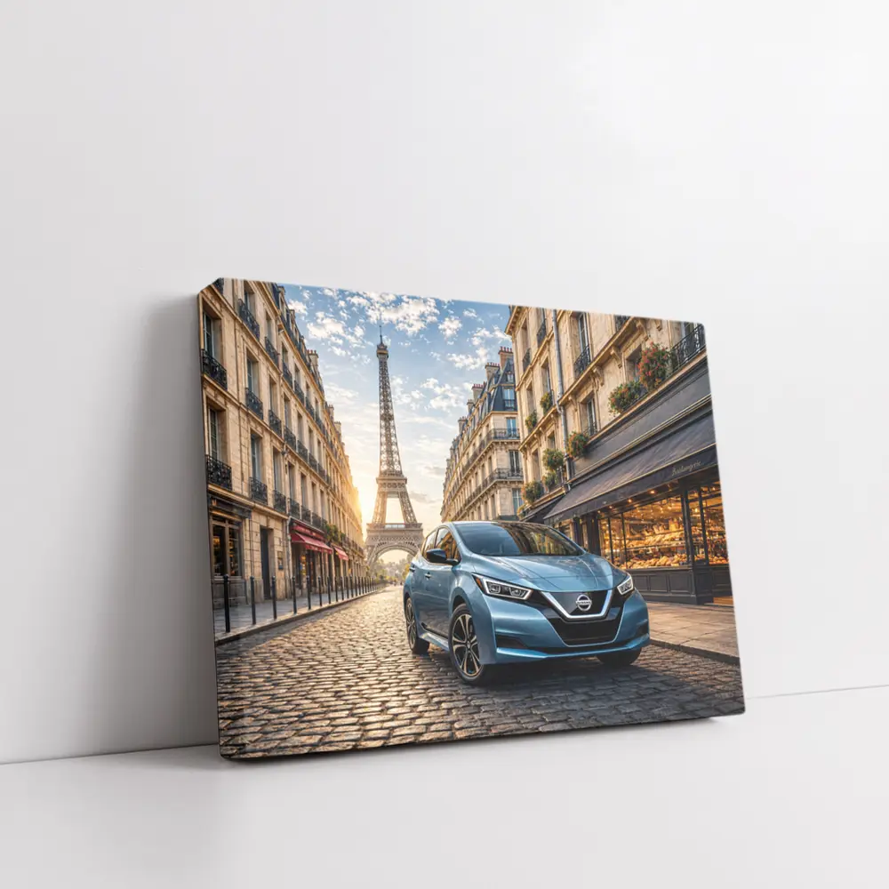 Nissan Leaf Blue Hatchback Paris Streets – Wall Art