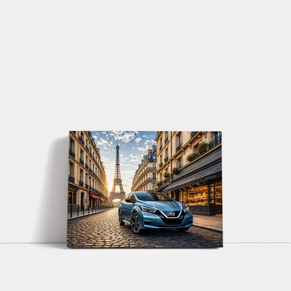 Nissan Leaf Blue Hatchback Paris Streets – Wall Art