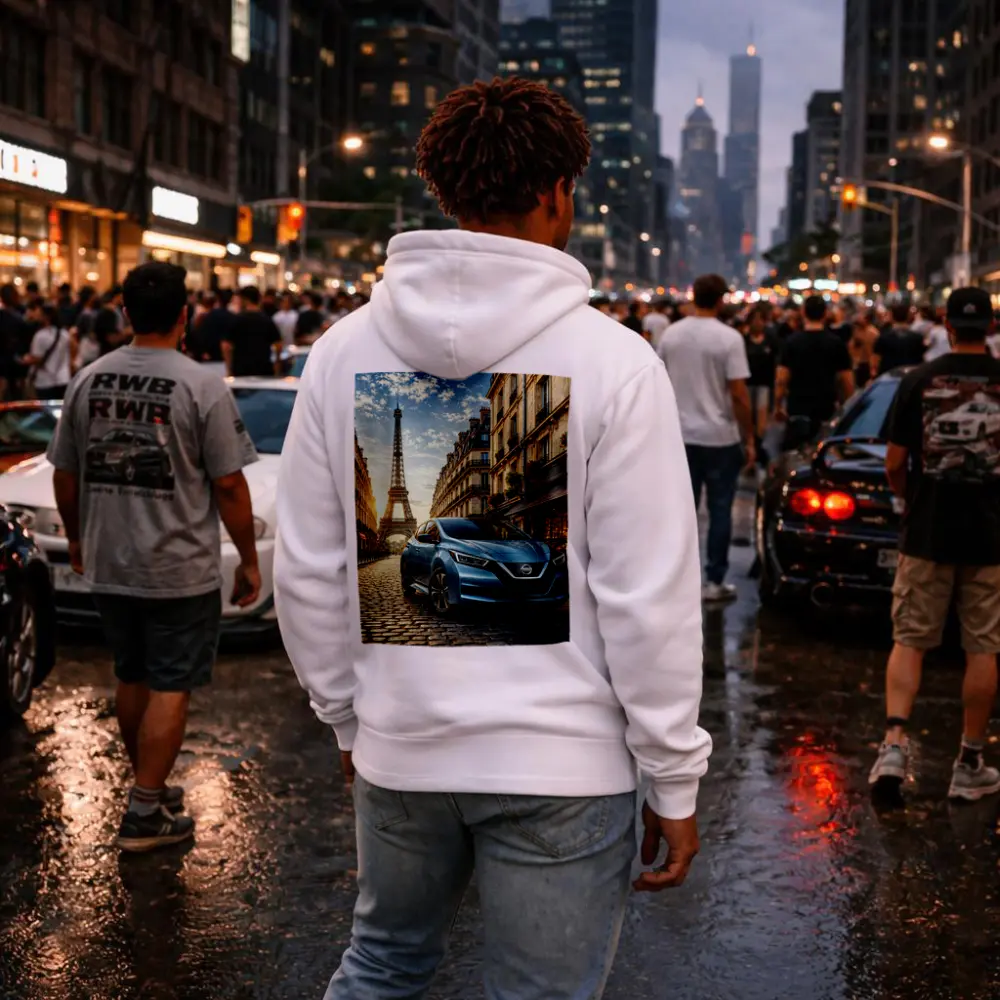 Nissan Leaf Blue Hatchback Paris Streets – Hoodies
