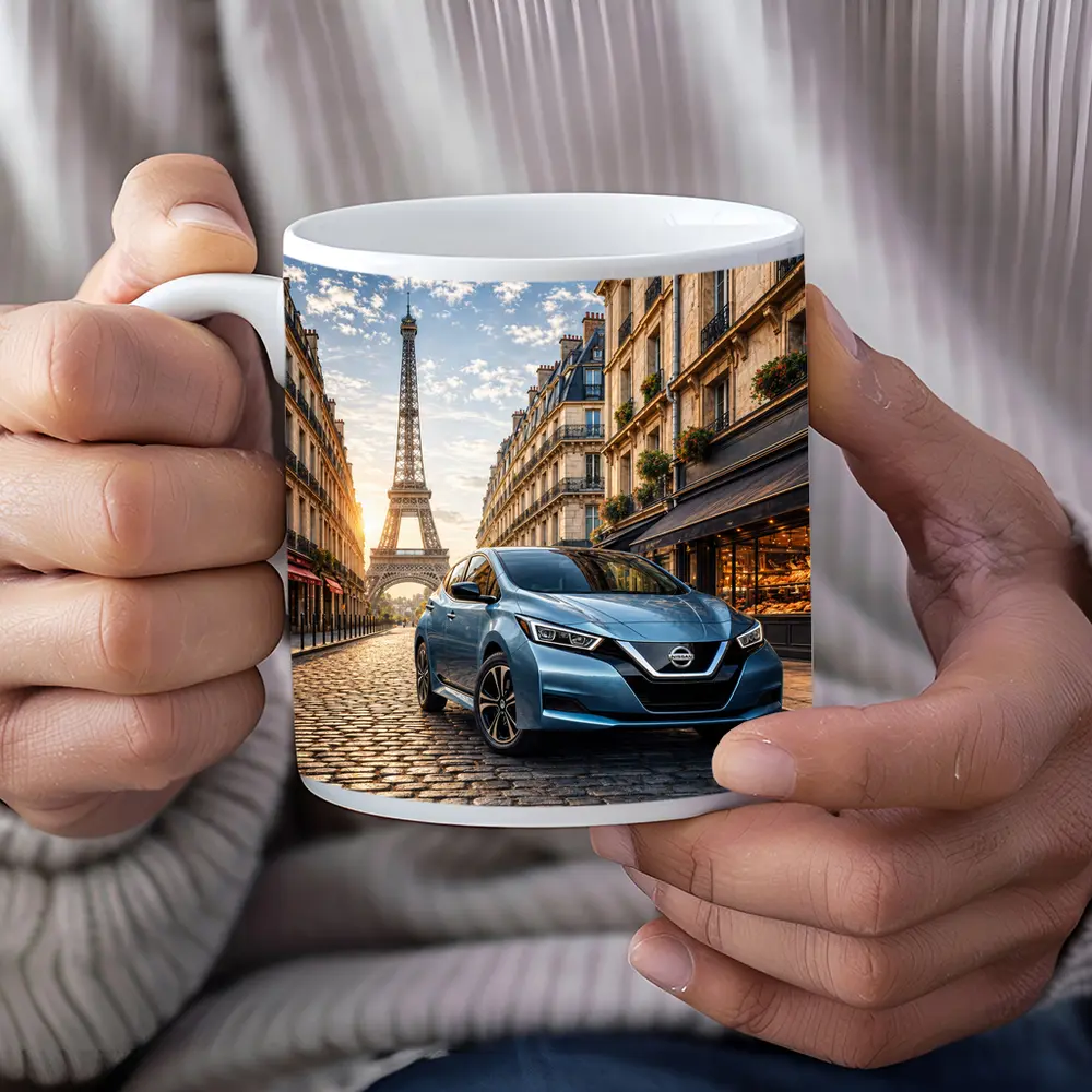 Nissan Leaf Blue Hatchback Paris Streets – Mugs