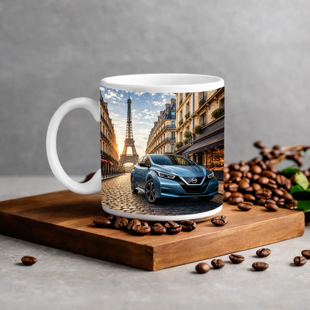 Nissan Leaf Blue Hatchback Paris Streets – Mugs