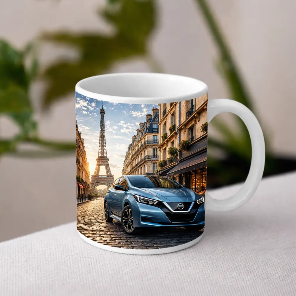 Nissan Leaf Blue Hatchback Paris Streets – Mugs