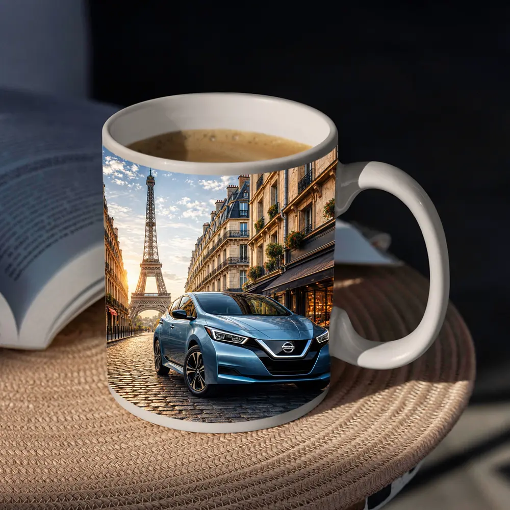 Nissan Leaf Blue Hatchback Paris Streets – Mugs