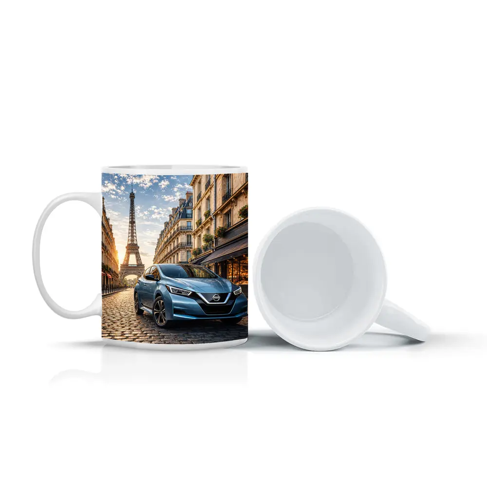 Nissan Leaf Blue Hatchback Paris Streets – Mugs