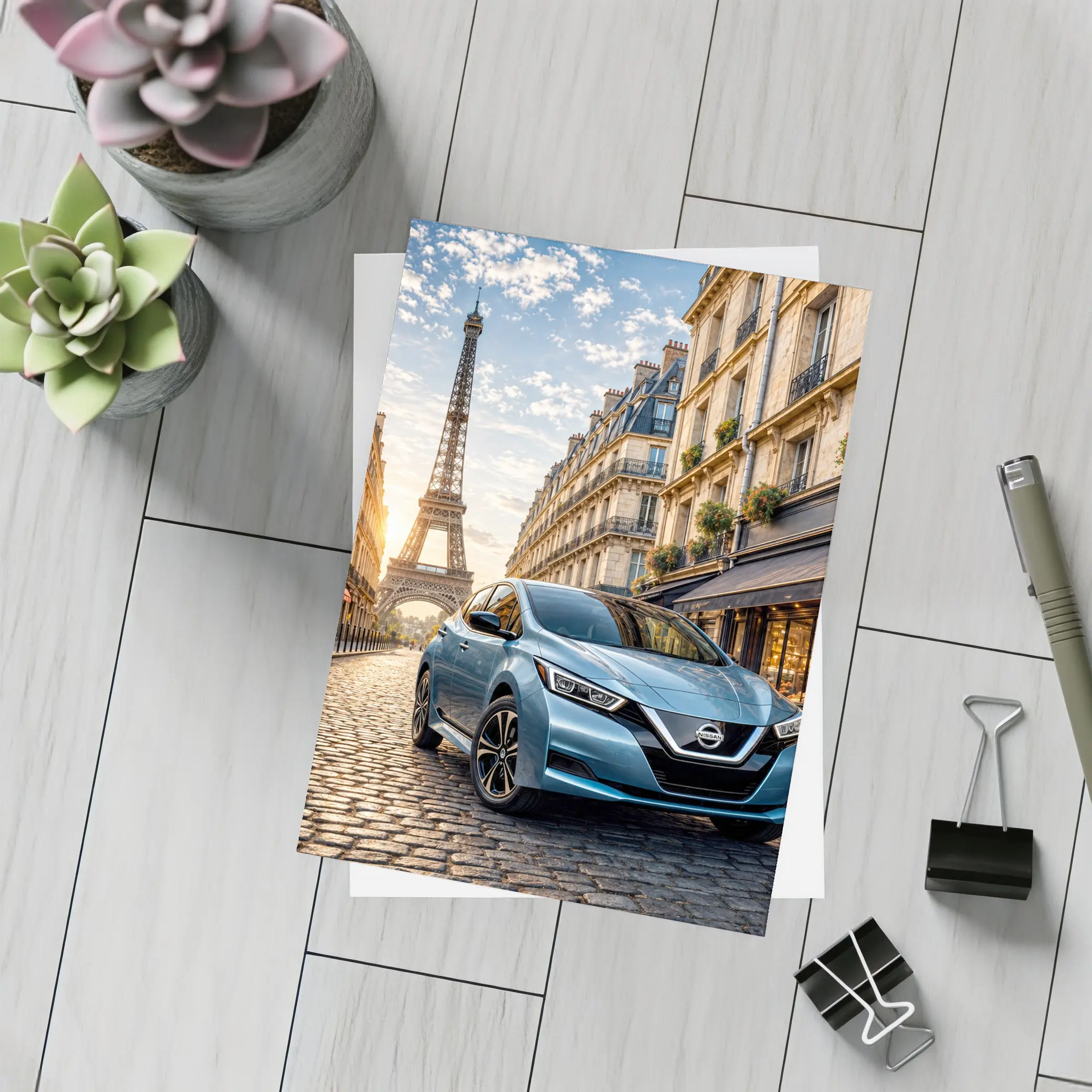 Nissan Leaf Blue Hatchback Paris Streets – Postcards