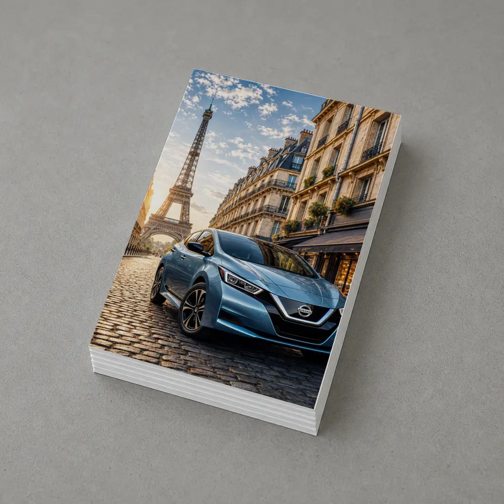 Nissan Leaf Blue Hatchback Paris Streets – Postcards
