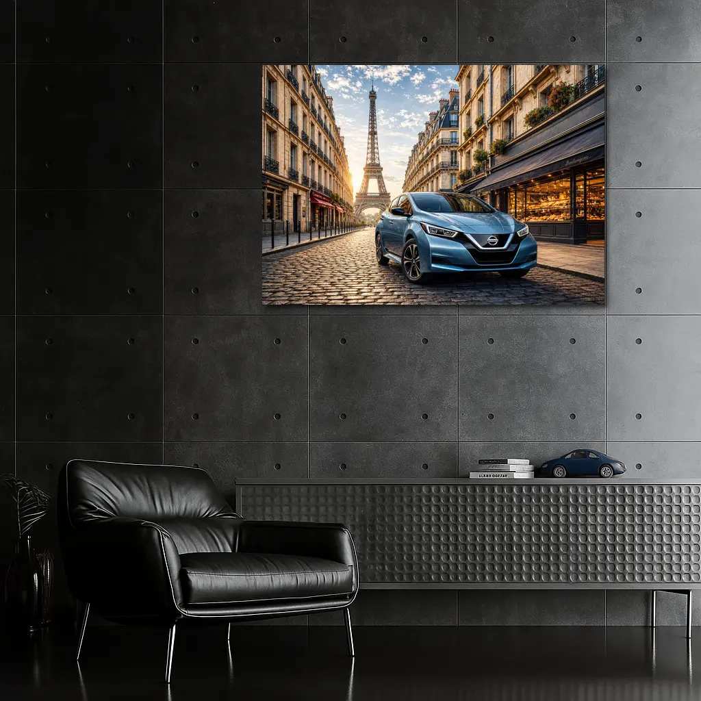 Nissan Leaf Blue Hatchback Paris Streets – Wall Art