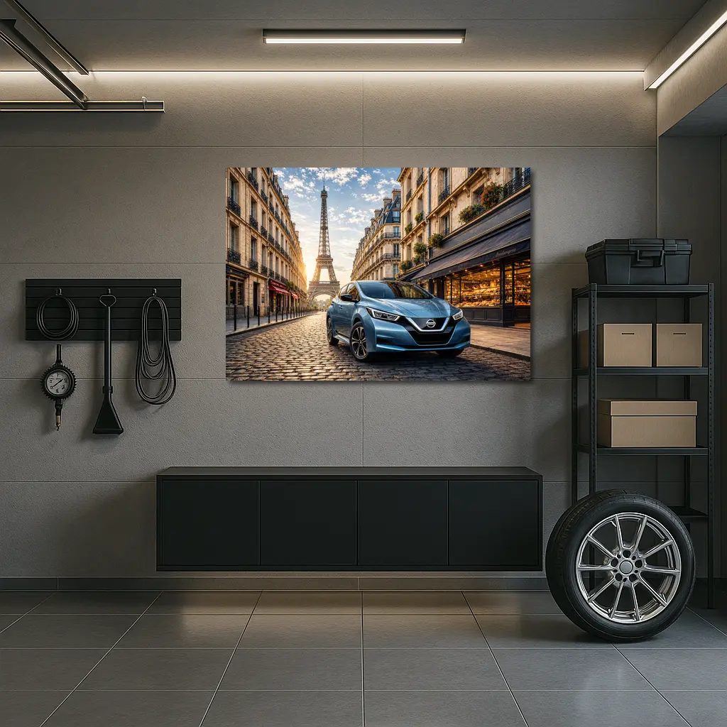Nissan Leaf Blue Hatchback Paris Streets – Wall Art