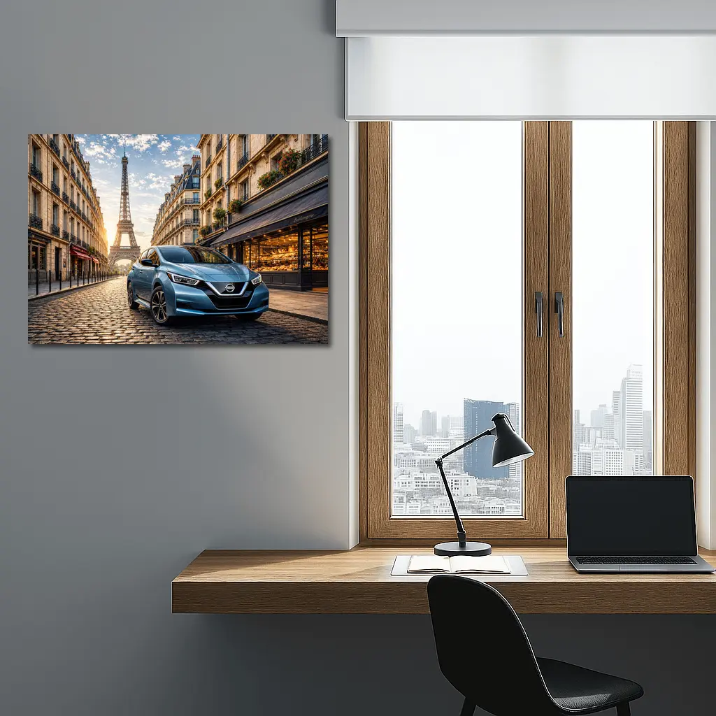 Nissan Leaf Blue Hatchback Paris Streets – Wall Art