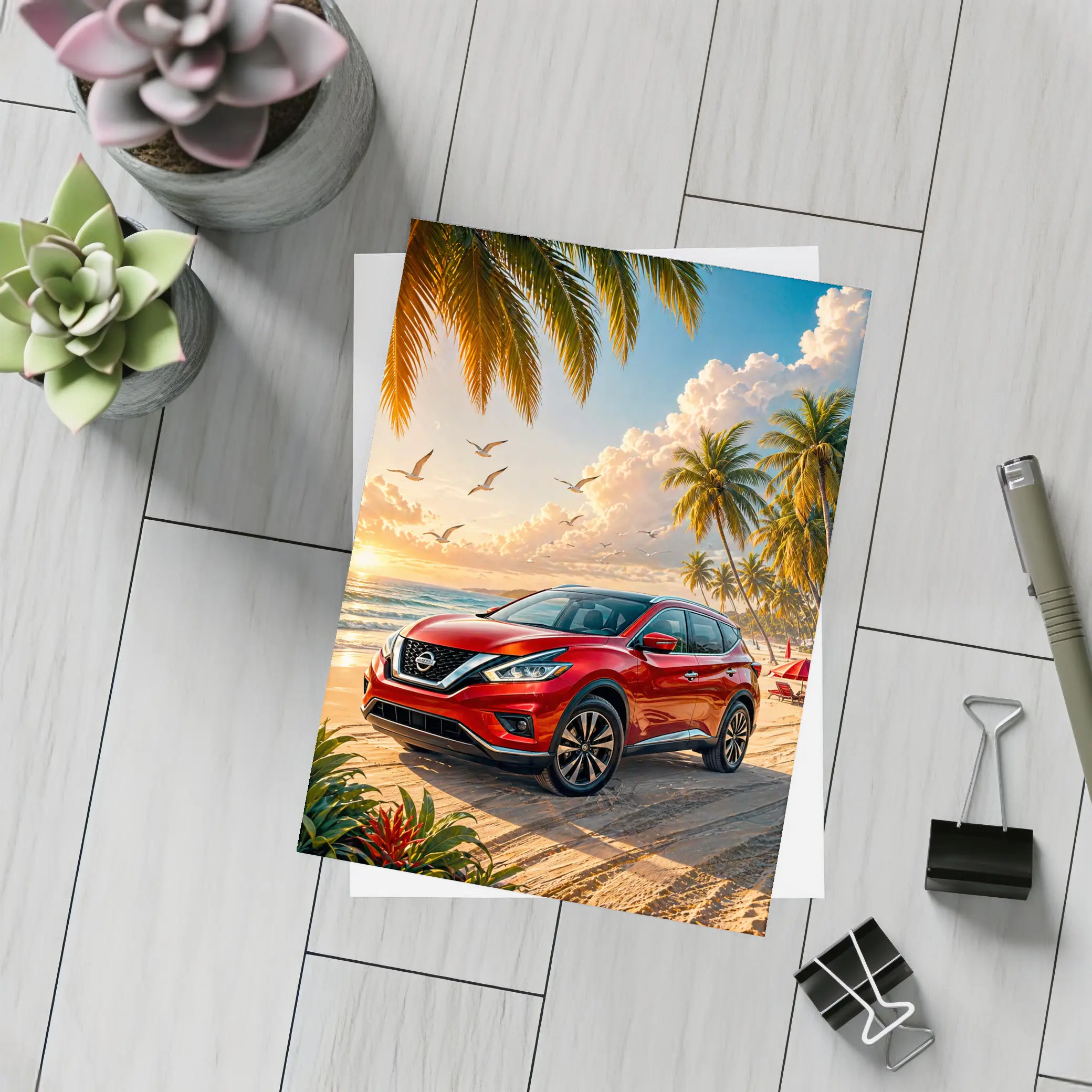 Nissan Murano Red SUV Beach Sunset – Postcards