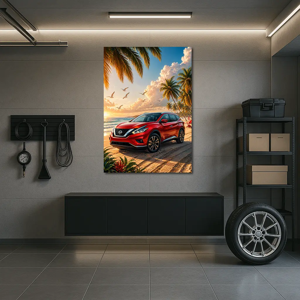 Nissan Murano Red SUV Beach Sunset – Wall Art