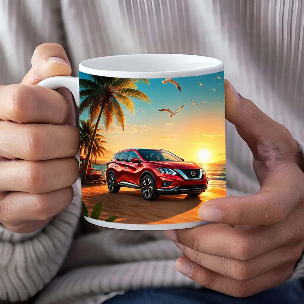 Nissan Murano Red SUV Tropical Beach Sunset – Mugs