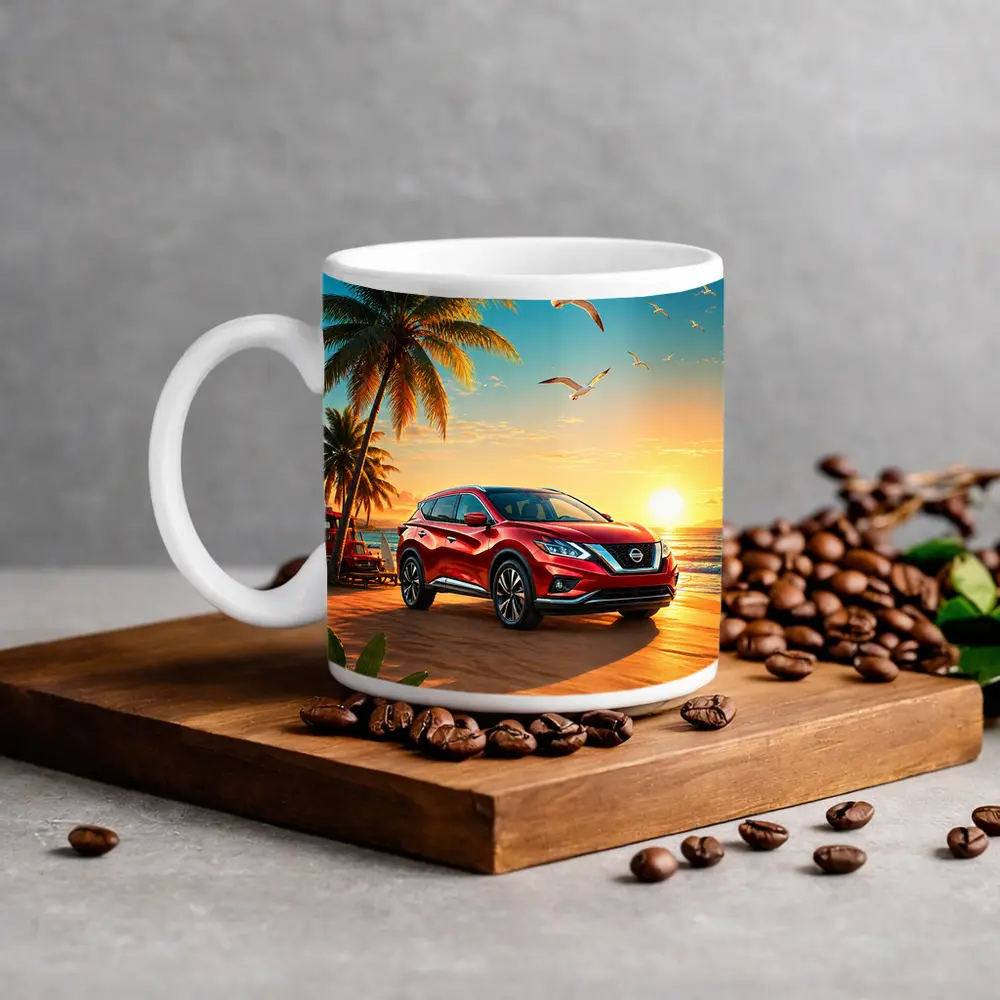 Nissan Murano Red SUV Tropical Beach Sunset – Mugs
