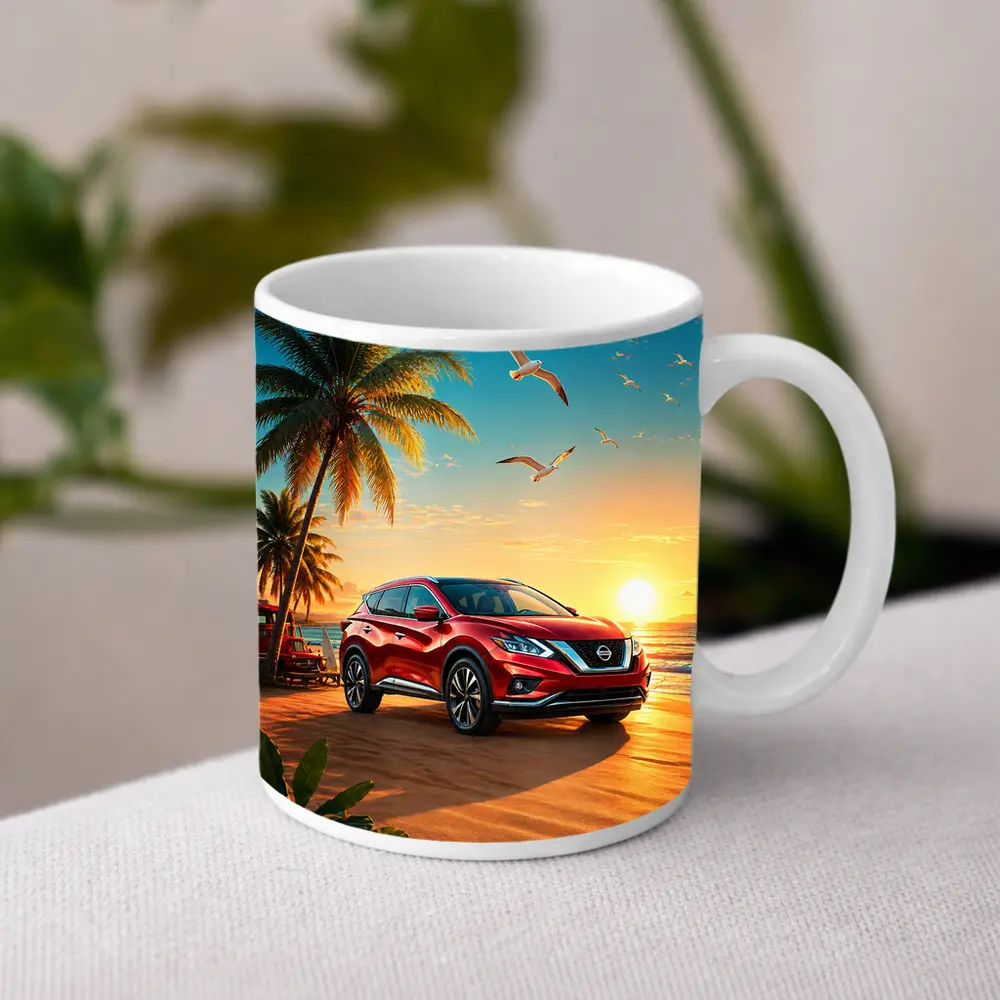 Nissan Murano Red SUV Tropical Beach Sunset – Mugs