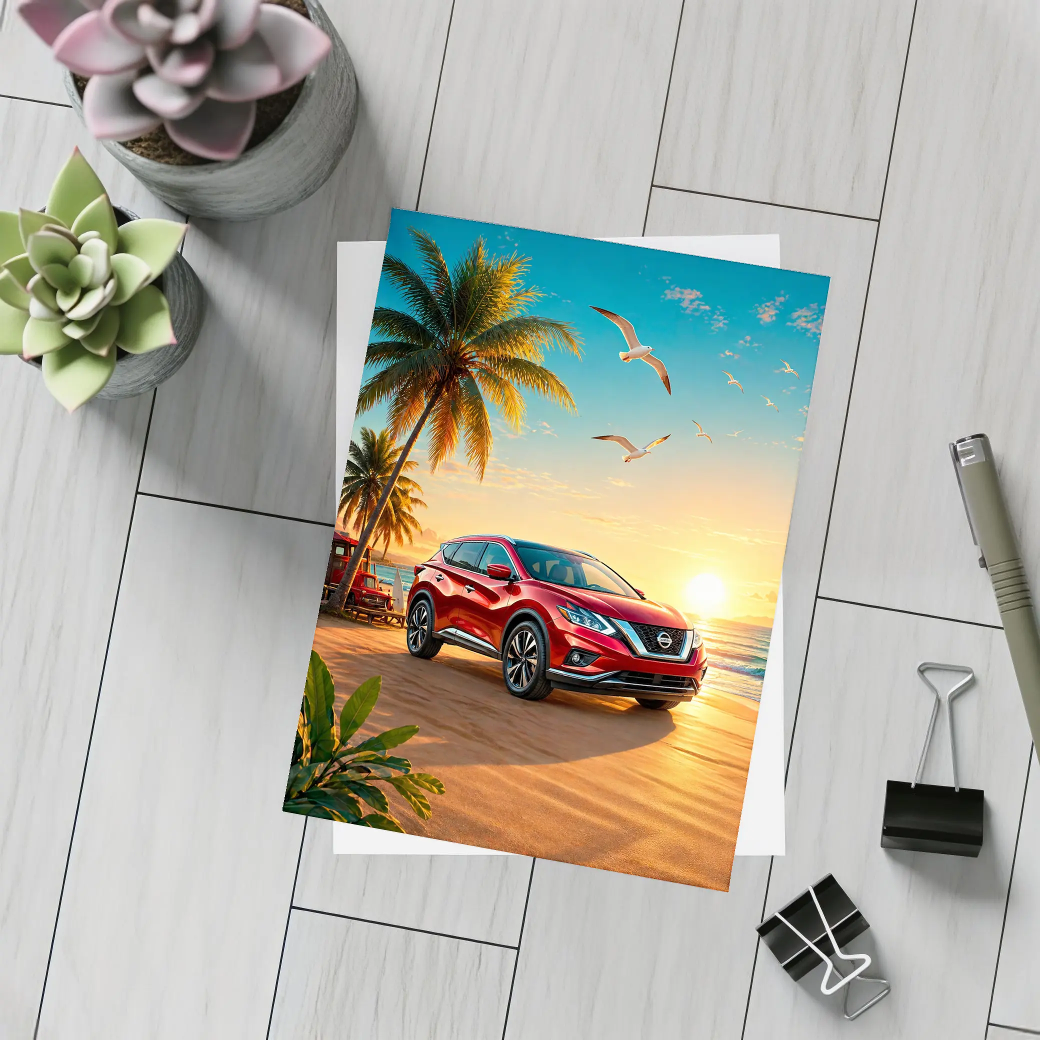 Nissan Murano Red SUV Tropical Beach Sunset – Postcards