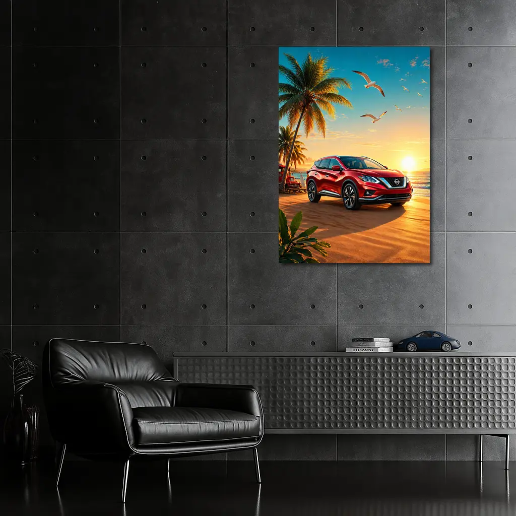 Nissan Murano Red SUV Tropical Beach Sunset – Wall Art