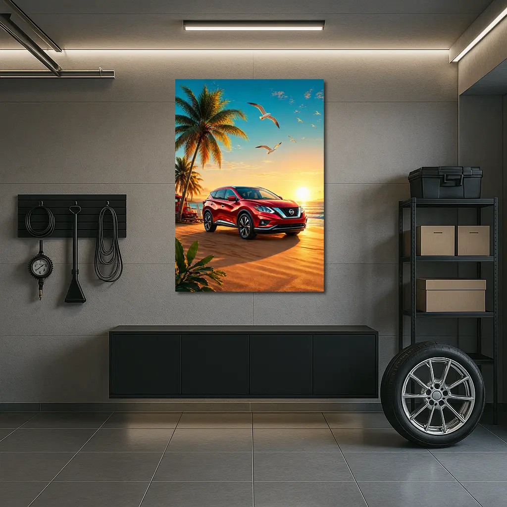 Nissan Murano Red SUV Tropical Beach Sunset – Wall Art